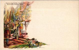 Ferenc József király koronázása. Ezredéves Országos Kiállítás / Sacre du Roi Francois-Joseph / coronation of Franz Joseph I of Austria. Hungarian Millennium Exhibition. barna 2kr Ga. litho s: Cserna K.