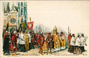 Budapest I. Ezredéves Országos Kiállítás, Királyi vár, Mátyás templom, Szent István napi körmenet, Posner és Fia litho s: K. L. + 2 Kr. barna Ga