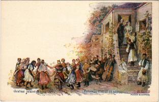 Aratási jelenet Nógrádban. Ezredéves Országos Kiállítás / Harvest in Nógrád County. Hungarian Millennium Exhibition folklore art postcard. brown 2 Kr. Ga. s: K.L.