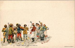 Huszár toborzó. Ezredéves Kiállítás emléklap. Posner Károly és fia / Danse des hussards / Hussars. Litho + barna 2 Kr. Ga.