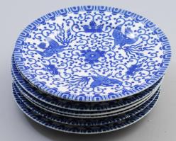 Japán főnixmadár mintás porcelán süteményes tányér szett, 7 darab, jelzett, hibátlan, d: 17,5 cm