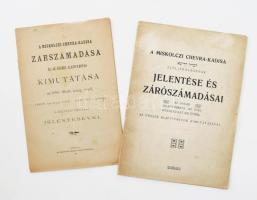 A Miskolczi Chevra-Kadisa zárszámadása és az összes alapítványok kimutatása az 1898-199-iki közig. évről. (1898. márcz. 1-től - 1899. febr. 28-ig.) A felügyelő bizottság jelentésével. Miskolcz, 1899, Stamberger Bernát, 8 sztl. lev. Papírkötés, az első levélen kis lyukkal. + A Miskolczi Chevra-Kadisa előljáróságának jelentése és zárószámadásai az 1915-iki (alapításának 147. éve) közigazgatási évről. Az összes alapítványok kimutatásával. Miskolcz, 1915, Schwarcz Soma, 24 p. Kiadói papírkötés, a borítón kis szakadással.