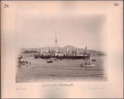 cca 1900 Genova, olasz hadihajók / Az olasz király megérkezése két oldalas kartonon két jelzett fotó. magyar utazó által feliratozva 37x31 cm  ca 1890 Genoa, Italian warships / The arrival of the Italian king, two marked photos on double-sided cardboard. inscribed by a Hungarian traveler 37x31 cm