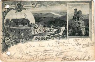 1904 Dobogókő, Dobogókő (Pilisszentkereszt); Báró Eötvös Loránd menedékház, északi kilátás, Thirring szikla (lyukasztott / punched holes)