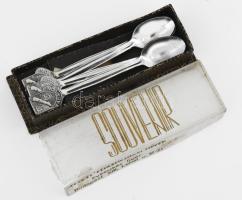 Balatoni emlék fém mokkás kanál készlet, 4 db-os, jelzett, eredeti, sérült dobozában, h: 11,5 cm