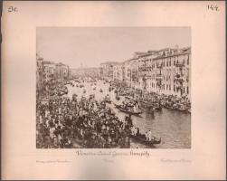 cca 1900 Venezia, Canal Grande, népünnepély / Dél Tirol, Bozen két oldalas kartonon két jelzett fotó. magyar utazó által feliratozva 37x31 cm  ca 1890 Venezia, Canal Grande, / South Tirol, Bozen, two marked photos on double-sided cardboard. inscribed by a Hungarian traveler 37x31 cm