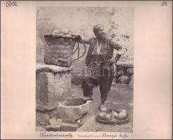 cca 1900 Konstantinápoly Dinnyés kofa / Az Ahmed mecset kétoldalas fotó kartonon Sébah &amp; Joaillier jelzett felvétele magyar utazó feliratozásával 36x30 cm /  cca 1900 Constantinople (Istanbul) Watermelone merchant / Ahmed mosque Marked shot by Sébah &amp; Joaillier with Hungarian traveler's caption 36x30 cm