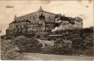 Zólyom, Zvolen; vár, vonat, gőzmozdony. Vasúti Levelezőlapárusítás 350. / castle, steam engine, locomotive (fl)