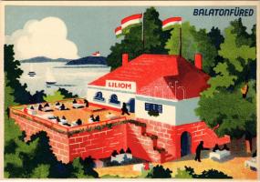 Balatonfüred, Liliom étterem, kávéház, bár, cukrászda, borpince. Tulajdonos Ujváry Rezső, a budapesti Liliom társtulajdonosa. Reklámlap