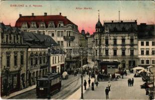 Jablonec nad Nisou, Gablonz an der Neisse; Alter Markt, Hotel Erlebach, Cafe Habsburg / street, tram, market, hotel and cafe, shops (EK)