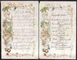 cca 1857 Blau Lajos (Ludwig Blau) autográf verses sorai, 2 db dekoratív historizáló levélpapíron, szüleinek címezve, egyik Lugoson kelt, német nyelven