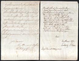 cca 1857 Blau Lajos (Ludwig Blau) autográf verses sorai, 2 db dekoratív historizáló levélpapíron, sz...