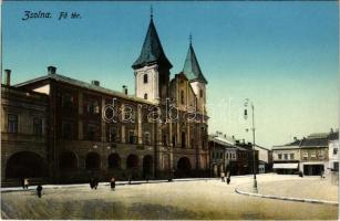 Zsolna, Sillein, Zilina; Fő tér, templom, üzletek. Schwarcz Vilmos kiadása / main square, church, shops