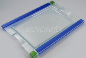 Vintage üveg szervírozótálca, színezett üvegréteg rátétekkel, hibátlan, 39x29 cm