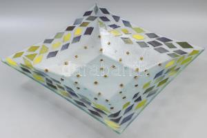 Nagyméretű vintage asztalközép kínáló, színezett üveglap rátétekkel, hibátlan, 35x35 cm