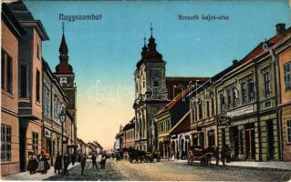 1913 Nagyszombat, Tyrnau, Trnava; Kossuth Lajos utca, templom, üzletek. Magyar királyi dohány nagyáruda kiadása / street, church, shops (EK)