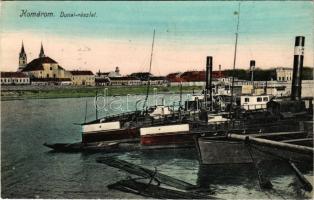 1913 Komárom, Komárno; Dunai részlet, kikötő, templom, gőzhajó / Danube, port, church, steamships (EK)