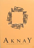Aknay János (1949-): Kapcsolat. Szitanyomat, merített papír, jelzett, számozott (62/176?), 18×27 cm. Aknay Iszkaszentgyörgy 1996 feliratú mappában. + Aknay János (1949-): Geometrikus kompozíció. Nyomat, papír, jelzés nélkül, feltehetően egy katalógusból kivágva, 14x20,5 cm