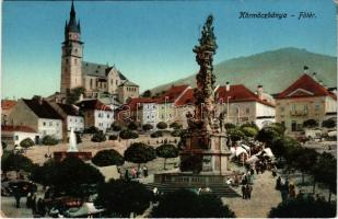 Körmöcbánya, Kremnitz, Kremnica; Fő tér, Szentháromság szobor, piac, templom, szökőkút. Kniep Róbert kiadása / main square, Holy Trinity statue, church, fountain (kopott sarkak / worn corners)
