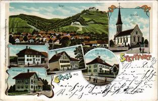 1903 Stettfurt, Kirche, Wirtschaft, Handlung &amp; Bäckerei v. F. Gamper / church, restaurant, shop, bakery. A. Lichtensteiger Art Nouveau, floral, litho (Rb)