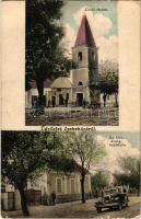 Zsebeháza, utcai részlet, ág.hitv. evangélikus népiskola, harangláb, automobil. Hangya Szövetkezet kiadása 593. (ázott sarok / wet corner)