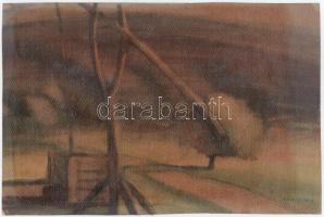 Hamza Tibor (1908-1972): Titokzatos táj gémeskúttal, 1959. Akvarell, papír, jelezve jobbra lent, hátoldalán özvegye igazolásával, kisebb javított sérüléssel, 24×36 cm