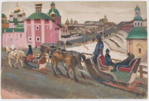 Hamza Tibor (1908-1967 v. 1972?): Lovasszán, orosz vagy ukrán város (Kijev?). Olaj, karton, jelezve jobbra lent, hátoldalán özvegye igazolásával, apró kopásnyomokkal, 31,5×46,5 cm