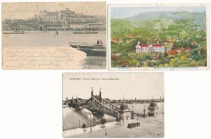 Budapest - 5 db régi képeslap vegyes minőségben: Manréza ház, Királyi várbazár, Ferenc József híd, Múzeum körút, Berlini tér