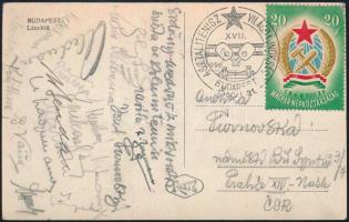 1950 Asztalitenisz világbajnokság Budapest résztvevői, közöttük a világbajnok Richard Bergmann által aláírt képeslap alkalmi bélyegzéssel   1950 Budapest World Table Tennis Championship participants, including a postcard signed by world champion Richard Bergmann with an special cancellation