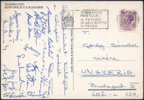 1971 Az FTC labdarúgó csapatának tagjai által aláírt képeslap a megnyert Caligaris Tornáról Olaszországból Selenka, Magyarics, Som, stb,  Autograph signed postcard of the FTC football team from Italy