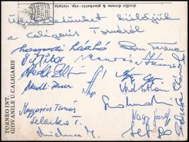 1971 Az FTC labdarúgó csapatának tagjai által aláírt képeslap a megnyert Caligaris Tornáról Olaszors...