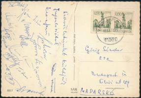 1973 Az FTC labdarúgó csapatának tagjai által aláírt képeslap Jugoszláviából Selenka, Juhász Páncsics, Som, Vörös, stb,  Autograph signed postcard of the FTC football team from Italy