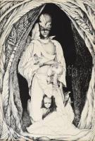 Bart (?) jelzéssel, XX. sz.vége/XXI sz. eleje: Az áldás barlangja. Tus, papír, üvegezett fakeretben, 25,5×18 cm