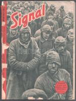 1942 Signal c. II. világháborús újság 1942. januári száma, benne háborús és egyéb írásokkal, képekkel, magyar és német nyelven. A címlapon: ,,Az utolsó hetek folyamán elfogott bolsevik foglyok". Kiadói tűzött papírkötés, sérült, a tűzéstől elvált borítóval.