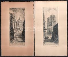 Léopold Robin (1877-1939), 2 db grafika: Párizsi részletek (Montmartre, Rue de L'Abreuvoir és Notre Dame). Rézkarc, papír, jelzett, 15×6 cm