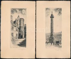 Léopold Robin (1877-1939), 2 db grafika: Párizsi részletek (Place Vendome és Musée de Cluny). Rézkarc, papír, jelzett, 15×6 cm