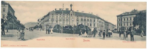 Znojmo, Znaim; Kopal Platz, Kopal Denkmal, Landes Ober Realschule. Ledermann (Wien) / square, monument, school. 2-tiled folding panoramacard (torn at fold)