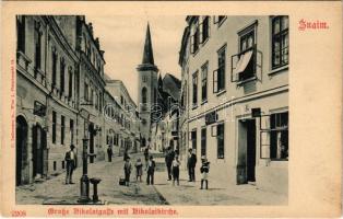Znojmo, Znaim; Grosse Nikolaigasse mit Nikolaikirche, Prochaska. Ledermann (Wien) / street, church, shops