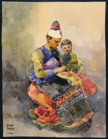Bihari Balogh jelzéssel: Hímzés népviseletben. Akvarell, papír, 21×16 cm
