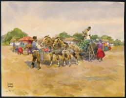 Bihari Balogh jelzéssel: Lovasszekér a piacon. Akvarell, papír, 16×21 cm
