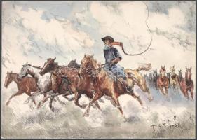 Deák O jelzéssel: Csikós lovakkasl. Akvarell, tus, karton, 25×35 cm