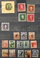 Régi átnézetlen kis vegyes magyar anyag közepes berakóban, benne perfinek, Hivatalos bélyegek, Turul...