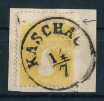 2kr type II with shifted perforation "KASCHAU" Sign: Wallner, 2kr II sárga látványos elfogazással kivágáson "KASCHAU" Sign: Wallner