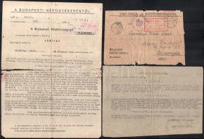 cca 1946-1960 vegyes papírrégiség tétel: népbírósági ítélet, Pozsgay Imre aláírás, Ujpesti Dózsa aláírt emléklap, nemzetközi vonatjegy, stb