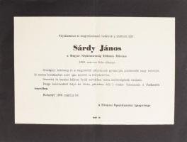 1969 Sárdy János (1907-1969) világhírű tenor operaénekes halálozási értesítője, Malonyai Dezső (1921-2004) színész, gazdasági vezető, színigazgató részére címezve, hajtott.