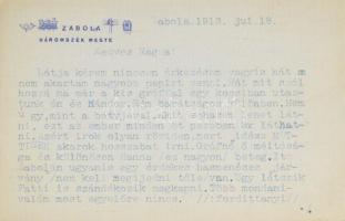 1913 Gépelt Id. Ohmacht Róbert gépészmérnök, műszaki szakíró, a Csonka Gépgyár egyetlen nem családtag vezetőségi tagjának magánlevele testvérének, Ohmacht Magdának a háromszéki Zaboláról [Budapestre], levelezőlapon, 1913. jul. 18, autográf aláírással.
