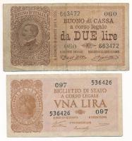 Olaszország 1914. 2L + 1944. 1L T:F,VG
Italy 1914. 2 Lire + 1944. 1 Lira C:F,VG