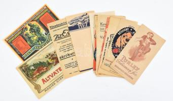 18 db vegyes számolócédula: Gottschlig, Dr. Oetker, Schmoll, Az Est, stb. + 2 db régi italcímke: Altvater likőr, Szent Lukácsfürdő gyógyvíz