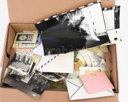 cca 1900-2000 Vegyes közepes doboznyi papírrégiség tétel, fotók, képeslapok, levelek stb, többségében a XX. sz. második feléből.