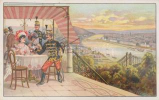 cca 1910 Dekoratív litografált látképes kártya Budapestről, huszárokkal, Franck reklám, jó állapotban, 7x11 cm
